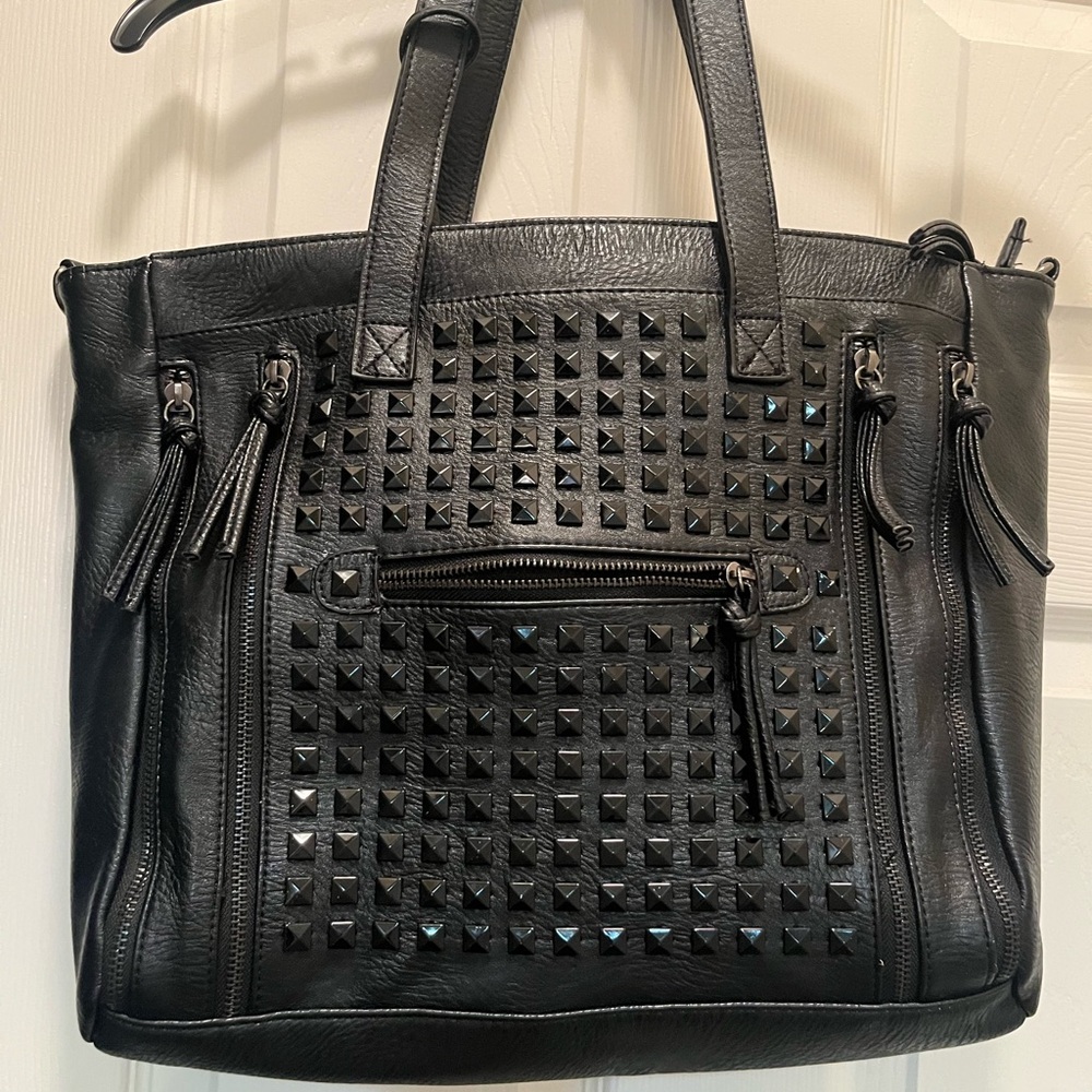 Black Studded Shoulder Bag with Geometric Design